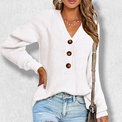 Women‘s Lightweight Rib-Knit V-Neck Pullover Sweater - Long Sleeve Casual Crewneck Tops for Women