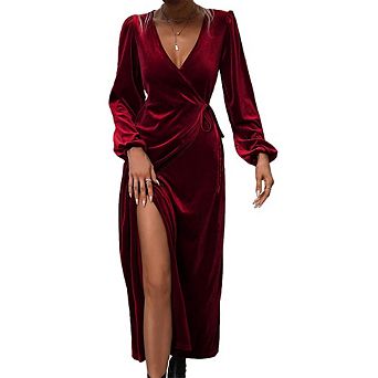 Women's V Neck Wrap Velvet Maxi Wedding Guest Dress Long Sleeve Split Cocktail Party Formal Dresses