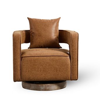 GOMYHOME Modern Lounge Armchair, Swivel Barrel Chair with Faux Leather & Pillow, Brown