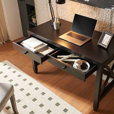 GOMYHOME Home Office Writing Desk with 2 Drawers and X-Brace Wooden Frame