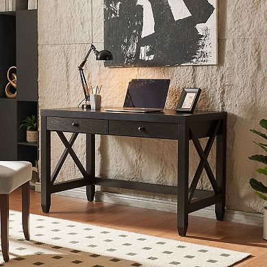 GOMYHOME Home Office Writing Desk with 2 Drawers and X-Brace Wooden Frame