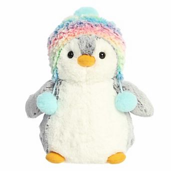 Aurora Small Gray Festive Stuffed Animal 9" Pompom Rainbow Beanie PomPom Penguin