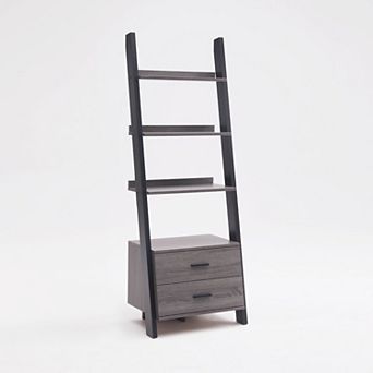 GOMYHOME Modern 2-Drawer Ladder Bookcase with Shelves, Two-Tone Storage Display