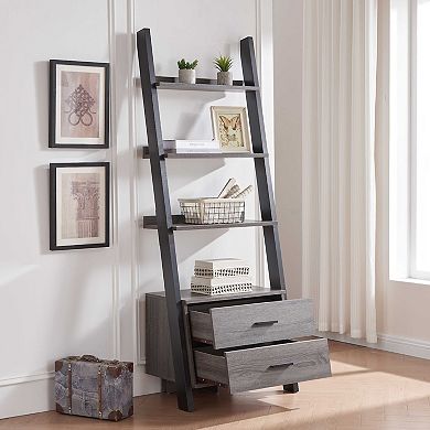 GOMYHOME Modern 2-Drawer Ladder Bookcase with Shelves, Two-Tone Storage Display