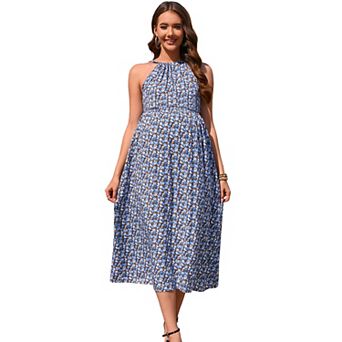 Women Maternity Halter Neck Summer Dress Casual Sleeveless Back Strap Maxi Dress Baby Shower