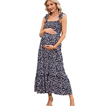Smocked Maternity Dress Summer Casual Spaghetti Strap Sleeveless Maxi Dress Baby Shower Photoshoot