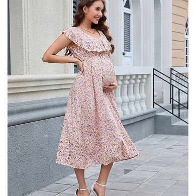 Women Maternity Summer Casual V Neck Boho Sundress Ruffle Cap Sleeveless Maxi Dress Baby Shower