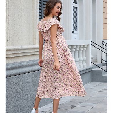 Women Maternity Summer Casual V Neck Boho Sundress Ruffle Cap Sleeveless Maxi Dress Baby Shower