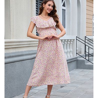 Women Maternity Summer Casual V Neck Boho Sundress Ruffle Cap Sleeveless Maxi Dress Baby Shower