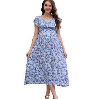 Women Maternity Summer Casual V Neck Boho Sundress Ruffle Cap Sleeveless Maxi Dress Baby Shower