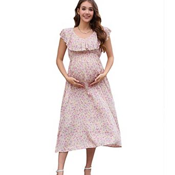 Women Maternity Summer Casual V Neck Boho Sundress Ruffle Cap Sleeveless Maxi Dress Baby Shower