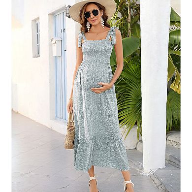 Women Maternity Dress Boho Spaghetti Strap Square Neck Ruffle Nursing Maxi Dress Baby Shower Casual