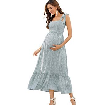 Women Maternity Dress Boho Spaghetti Strap Square Neck Ruffle Nursing Maxi Dress Baby Shower Casual