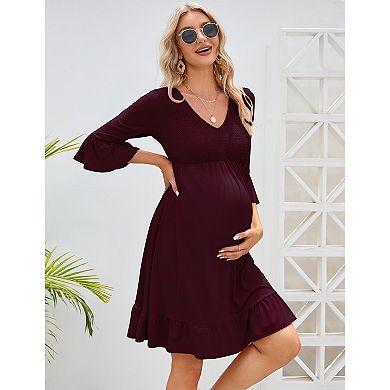 Women's Maternity 3/4 Sleeve Smocked Boho Dress V Neck Casual Midi Dress for Baby Shower Photoshoot