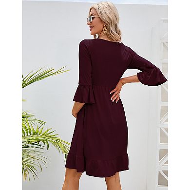 Women's Maternity 3/4 Sleeve Smocked Boho Dress V Neck Casual Midi Dress for Baby Shower Photoshoot