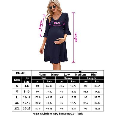 Women's Maternity 3/4 Sleeve Smocked Boho Dress V Neck Casual Midi Dress for Baby Shower Photoshoot
