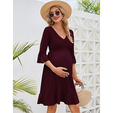 Women's Maternity 3/4 Sleeve Smocked Boho Dress V Neck Casual Midi Dress for Baby Shower Photoshoot