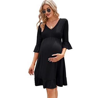 Women's Maternity 3/4 Sleeve Smocked Boho Dress V Neck Casual Midi Dress for Baby Shower Photoshoot