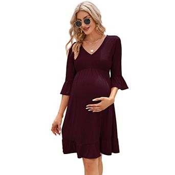 Women's Maternity 3/4 Sleeve Smocked Boho Dress V Neck Casual Midi Dress for Baby Shower Photoshoot