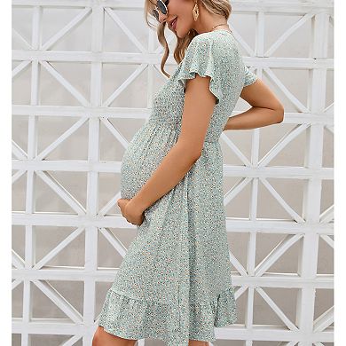 Women's Maternity Smocked Short Sleeve Summer Dress V Neck Casual Midi Dress Baby Shower Photoshoot