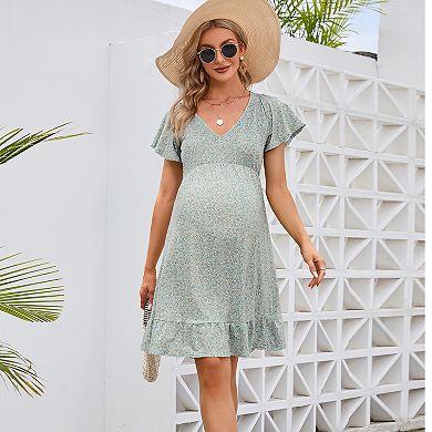 Women's Maternity Smocked Short Sleeve Summer Dress V Neck Casual Midi Dress Baby Shower Photoshoot