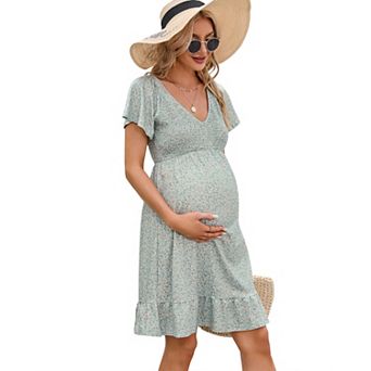 Women's Maternity Smocked Short Sleeve Summer Dress V Neck Casual Midi Dress Baby Shower Photoshoot