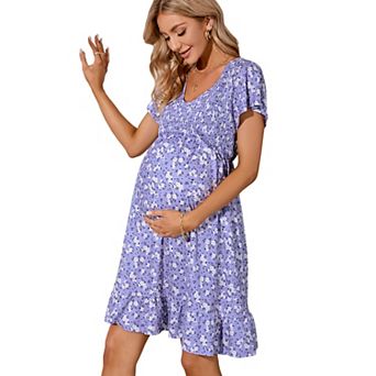 Women's Maternity Smocked Short Sleeve Summer Dress V Neck Casual Midi Dress Baby Shower Photoshoot