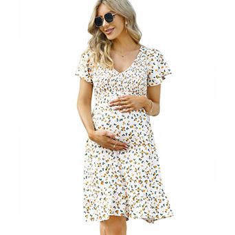 Women's Maternity Smocked Short Sleeve Summer Dress V Neck Casual Midi Dress Baby Shower Photoshoot