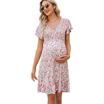 Women's Maternity Short Sleeve Smocked Summer Dress V Neck Casual Midi Dress Baby Shower Photoshoot