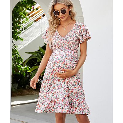 casual maternity dresses Maternity V Neck Swiss Dot Dress Summer Casual Short Sleeve Flowy Midi Dress Belt Photoshoot Baby Shower Dusty Pink L