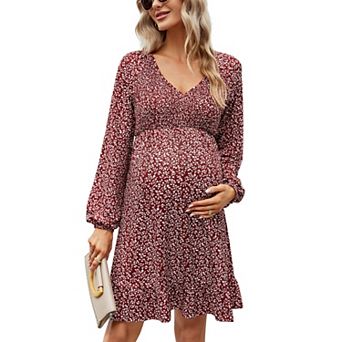 Women's Maternity Long Sleeve Smocked Dress V Neck Casual Midi Dress for Baby Shower Photoshoot