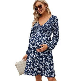 Women's Maternity Long Sleeve Smocked Dress V Neck Casual Midi Dress for Baby Shower Photoshoot
