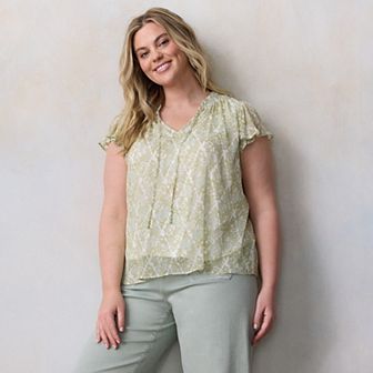 Plus Size LC Lauren Conrad Tie Front Ruffled V-Neck Shell