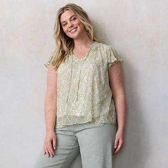 Plus Size LC Lauren Conrad Tie Front Ruffled V-Neck Shell