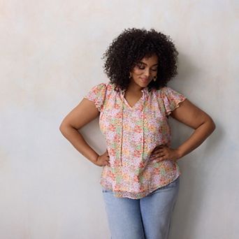 Plus Size LC Lauren Conrad Tie Front Ruffled V-Neck Shell