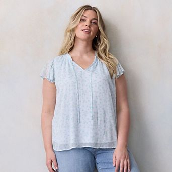 Plus Size LC Lauren Conrad Tie Front Ruffled V-Neck Shell