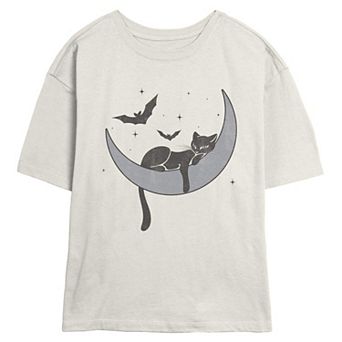 Juniors' Cat Lying On The Moon Graphic Tee