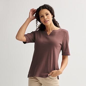 Petite Croft & Barrow® Elbow Sleeve Splitneck Top