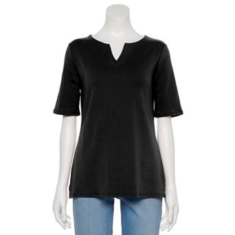 Petite Croft & Barrow® Elbow Sleeve Splitneck Top