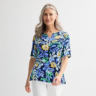 Petite Croft & Barrow® Elbow Sleeve Splitneck Top