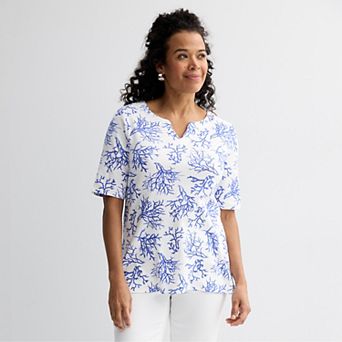 Petite Croft & Barrow® Elbow Sleeve Splitneck Top