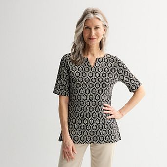 Petite Croft & Barrow® Elbow Sleeve Splitneck Top