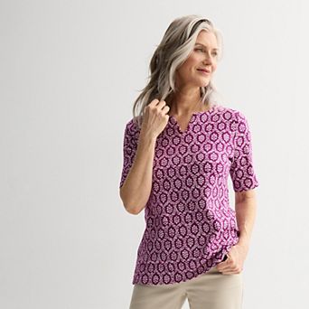 Petite Croft & Barrow® Elbow Sleeve Splitneck Top