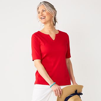 Petite Croft & Barrow® Elbow Sleeve Splitneck Top