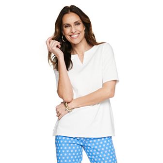 Petite Croft & Barrow® Elbow Sleeve Splitneck Top