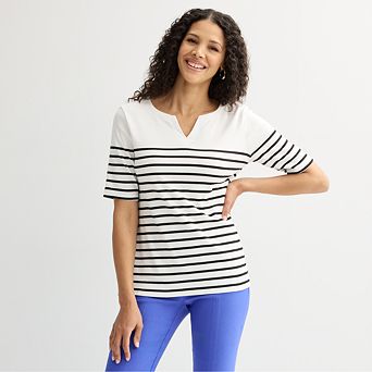 Petite Croft & Barrow® Elbow Sleeve Splitneck Top