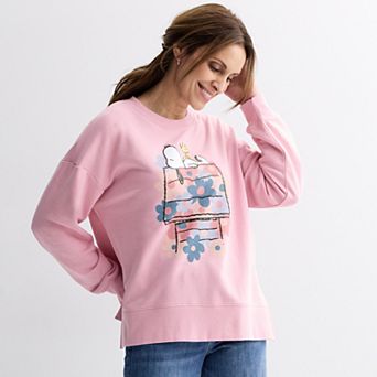 Women's Peanuts Snoopy & Woodstock Floral Doghouse Graphic French Terry Pullover