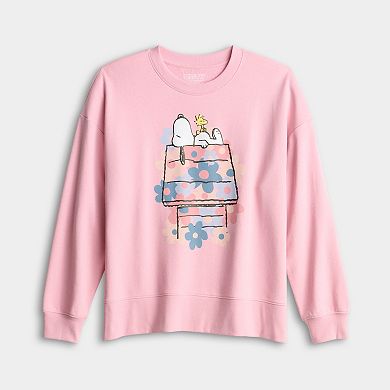 Women's Peanuts Snoopy & Woodstock Floral Doghouse Graphic French Terry Pullover