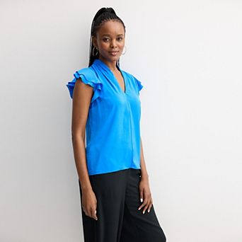 Petite Nine West Flutter Sleeve Satin Blouse