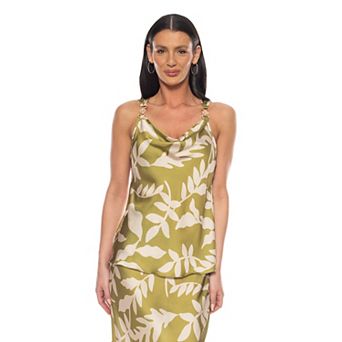 Women's Tash + Sophie Printed Batti Satin Cowlneck Top with Buckle